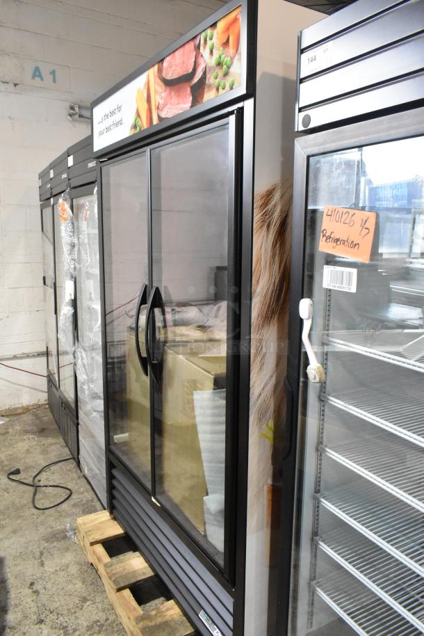 Brand new 2025 True TVM-48SL-HC commercial 2-door reach-in cooler merchandiser. Minor dents. 115 volts, 1 phase.