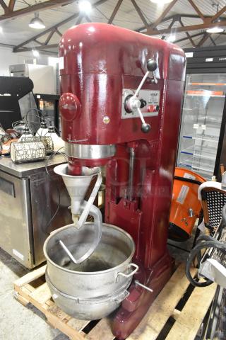 Hobart M-802 80 Qt Commercial Dough Mixer, includes bowl and dough hook. Red, 208V, 3 Phase, floor style.