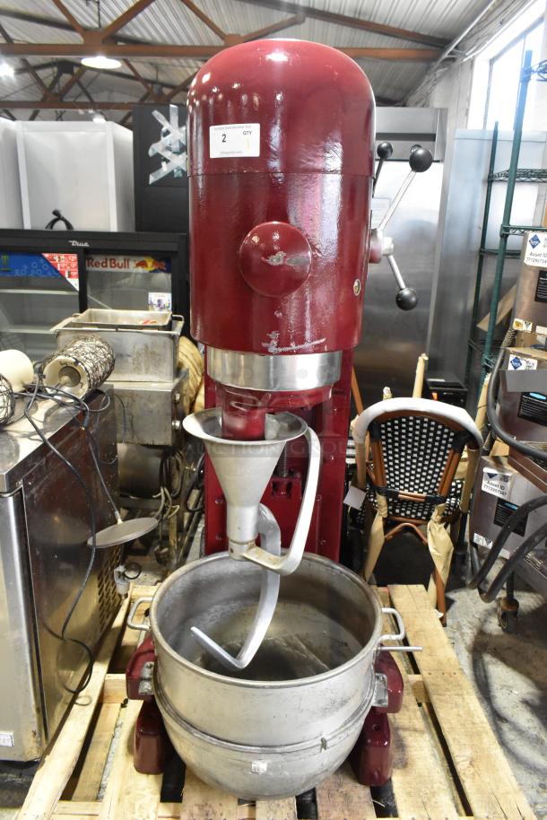 Hobart M-802 80 Quart Commercial Dough Mixer with bowl and hook, red, 208V 3-phase, on pallet, fair condition.