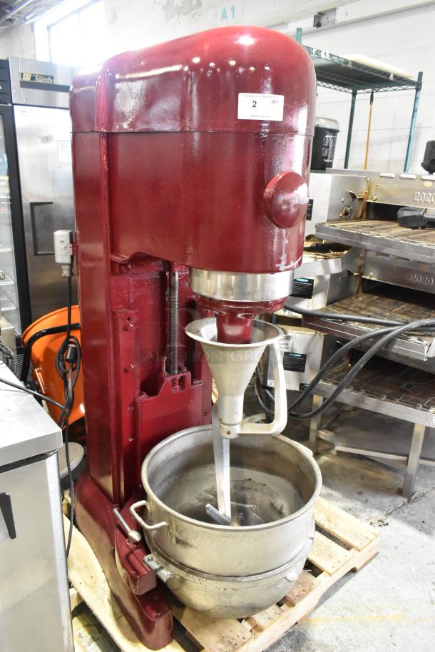 Hobart M-802 80 Quart Planetary Dough Mixer with bowl and dough hook, red, 208V, 3-phase, commercial floor model.