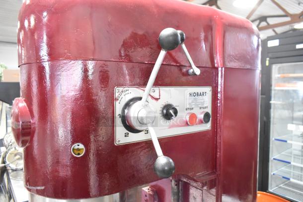 Hobart M-802 80 Quart Mixer, red, with mixing bowl, dough hook, 208V, 3-phase, controls labeled for speed settings.