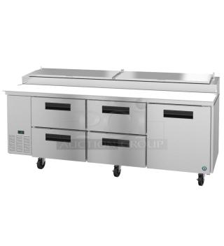 Hoshizaki PR93A-D4 commercial pizza prep table, new scratch and dent, with 4 drawers, 1 door, 115V, on caster wheels.