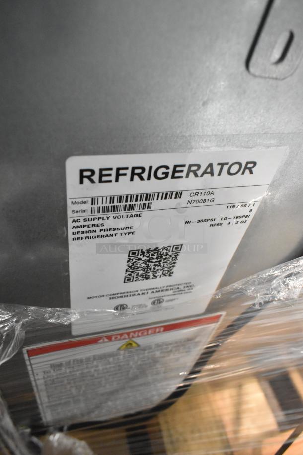 Brand new 2026 Hoshizaki CR110A commercial chef base, 115 volts, 1 phase. Serial N70081G. Includes safety and design labels.