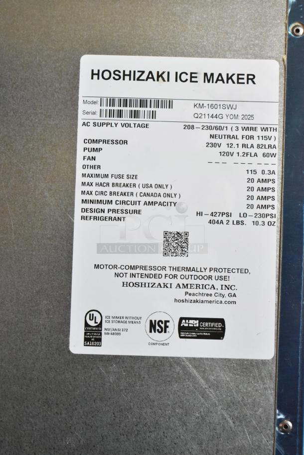 Hoshizaki KM-1601SWJ commercial ice machine label, 1660 lb/24 hr, 208-230V, 1 phase, mentions certifications and specifications.