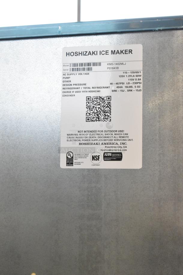 BRAND NEW 2026 Hoshizaki KMS-1402MLJ Ice Machine Head, 115-120V, 1 Phase. Features label with model details and certifications.