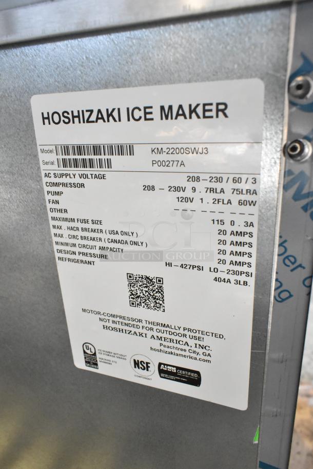 Brand new Hoshizaki KM-2200SWJ3 ice machine; 2221 lb/24 hr capacity; 208-230V, 3 phase. Label details specs.