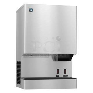 Brand new Hoshizaki DCM-500BAH-OS countertop water and nugget ice dispenser, 40 lb storage, 115-120V, modern design.