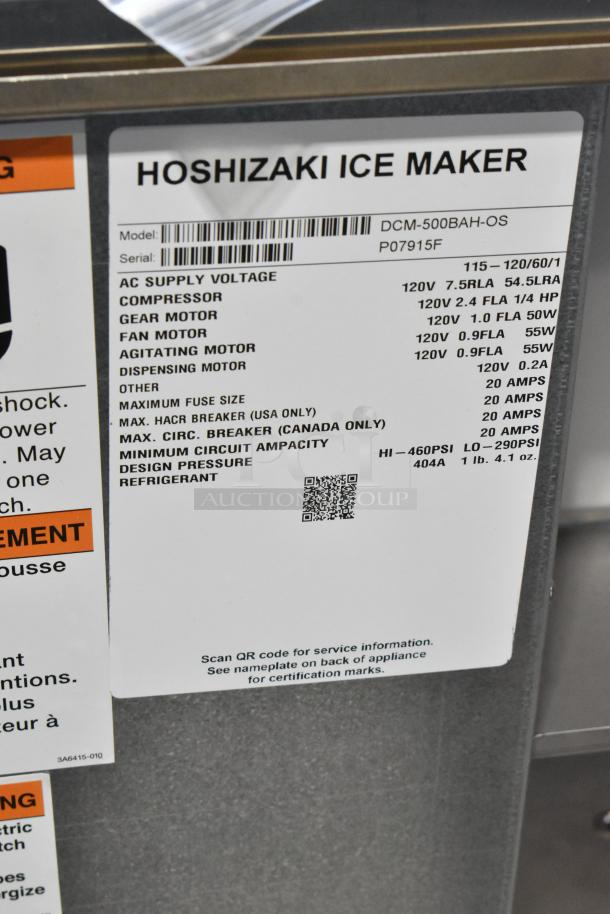 BRAND NEW 2026 Hoshizaki DCM-500BAH-OS countertop water and nugget ice dispenser, 40 lb storage, 115-120V, model label shown.