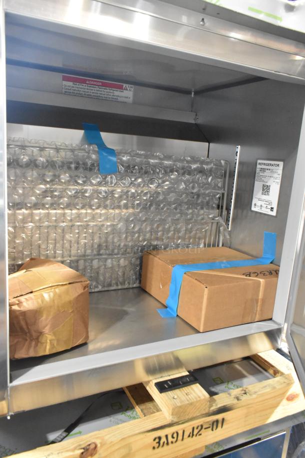 Brand new 2025 Hoshizaki UR36B commercial undercounter cooler, 115V, 1 phase, with warning label and internal packing.