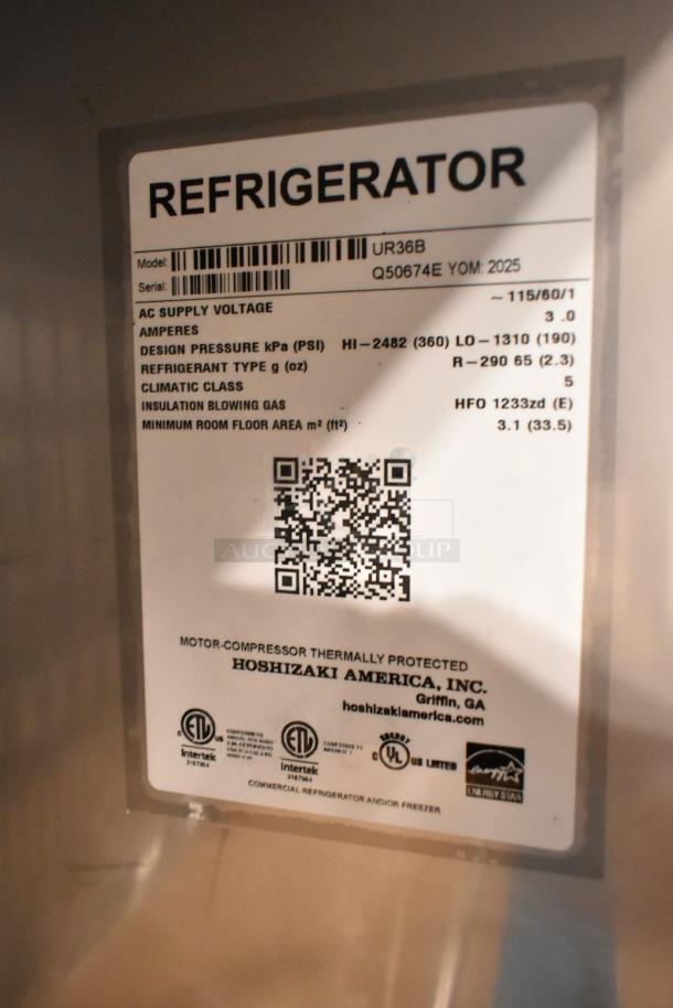 Label of Hoshizaki UR36B Commercial Cooler, model year 2025, 115 volts, 1 phase. Features PSI, refrigerant, certifications.