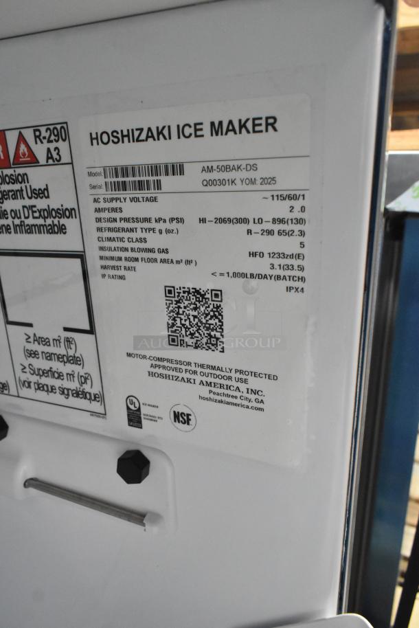 BRAND NEW Hoshizaki AM-50BAK-DS Ice Machine label, 54 lbs/day, 115V, 1 phase, serial Q00301K, NSF certified.