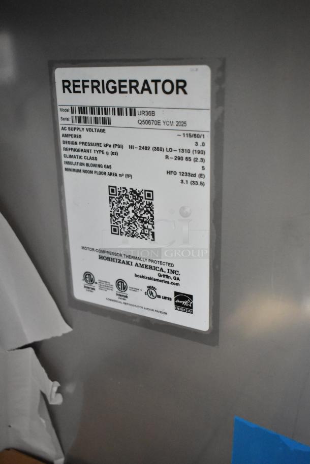 Brand new 2025 Hoshizaki UR36B commercial undercounter cooler, single door, 115 volts, 1 phase. Model label shown.