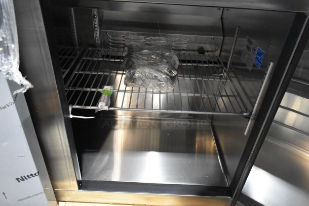 Brand new 2025 Hoshizaki VUR48A 2-door undercounter cooler, 115 Volts, 1 Phase. Interior view with shelving.