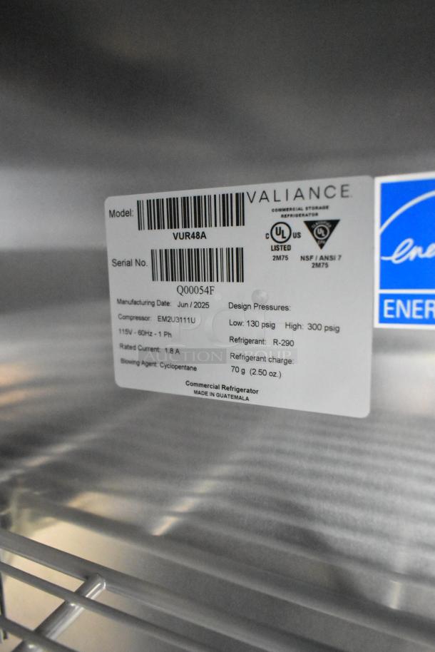Brand new Hoshizaki VUR48A Valiance cooler label, showing model, serial, voltage, compressor details, and energy listing.