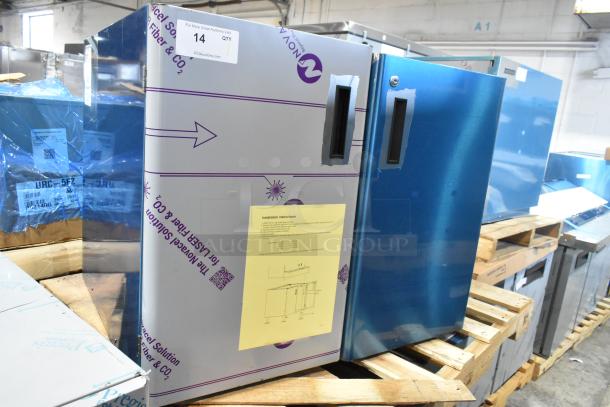 Brand new 2025 Hoshizaki SD-750 icemaker/dispenser stand, lockable doors, installation instructions visible, blue finish.