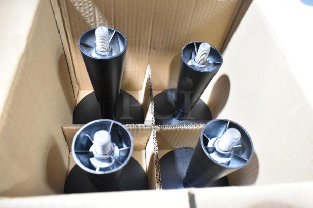 Box of stand components for Hoshizaki SD-750 icemaker, new. Includes four black stand legs with threaded tops for assembly.