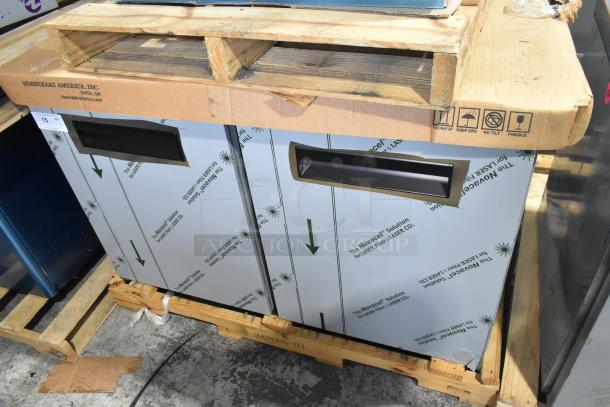 BRAND NEW 2026 Hoshizaki UR48B Commercial 2 Door Undercounter Cooler, 115V, 1 Phase, in packaging with protective film.