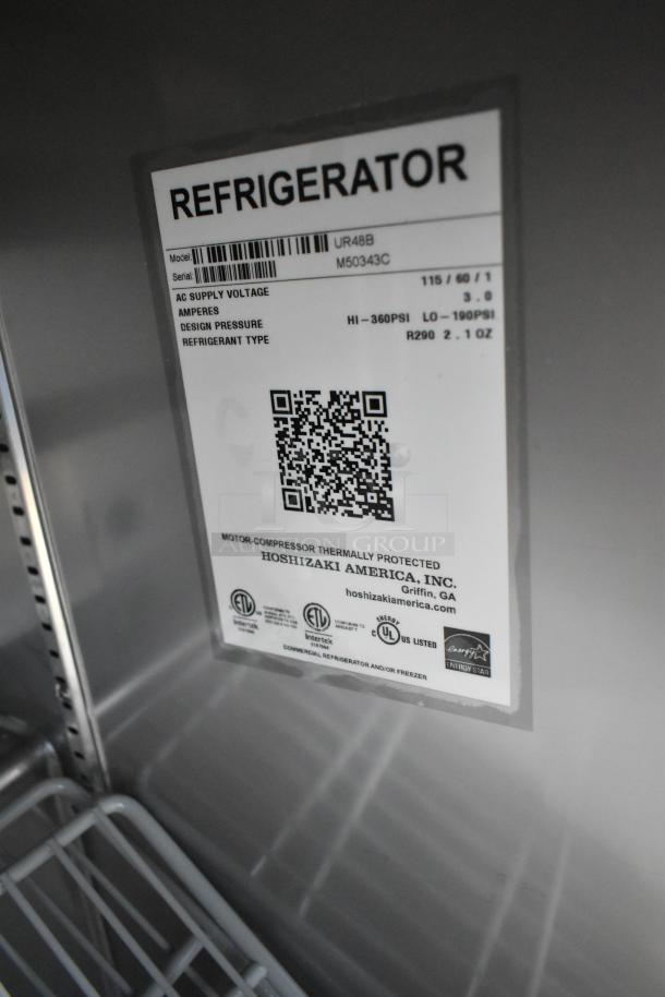 Brand new 2026 Hoshizaki UR48B undercounter cooler. Features 115 volts, 1 phase. Energy Star certified. Visible label shows model and specifications.