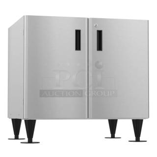 Brand new 2025 Hoshizaki SD-750 icemaker/dispenser stand with lockable doors, silver finish, sturdy legs.