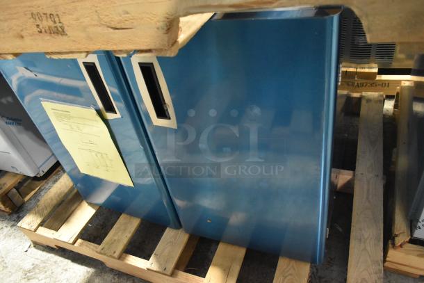 New 2025 Hoshizaki SD-750 icemaker/dispenser stand, blue, with lockable doors on pallet. Installation instructions attached.