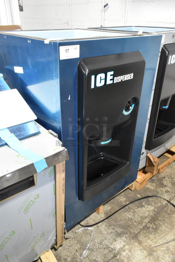Brand new Hoshizaki DB-200H commercial ice dispenser, 200 lb storage, bucket fill, 115V, 1 phase. Features "ICE dispenser" logo.