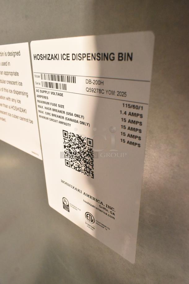 2025 Hoshizaki DB-200H Cube Ice Dispenser label, 200 lb storage, 115V, 1 phase, model and serial visible, brand new condition.
