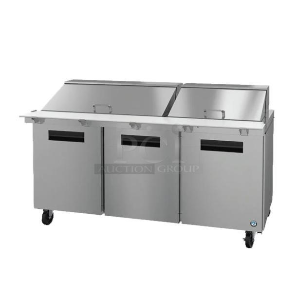 Brand new Hoshizaki SR72B-30M sandwich prep table. Stainless steel, mega top, 115V, 1 Phase. Ideal for commercial use.