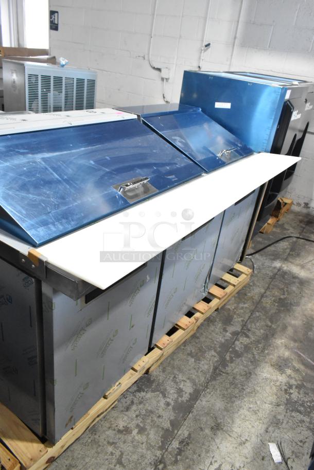 Brand new Hoshizaki SR72B-30M commercial sandwich salad prep table, 115 volts, 1 phase, protective film intact.
