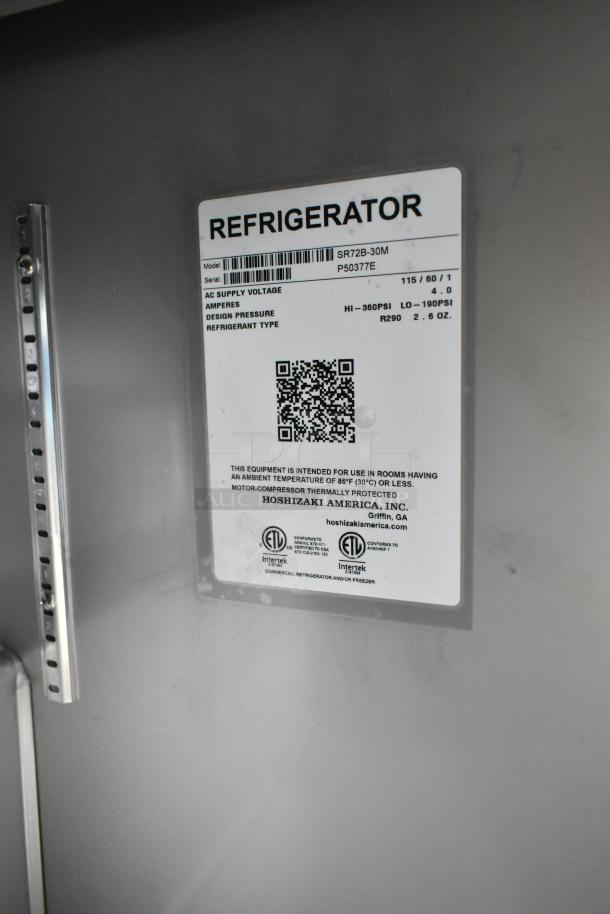 Brand new Hoshizaki SR72B-30M sandwich prep table label, showing model, 115V, 1 phase, refrigerant R290, and certifications.
