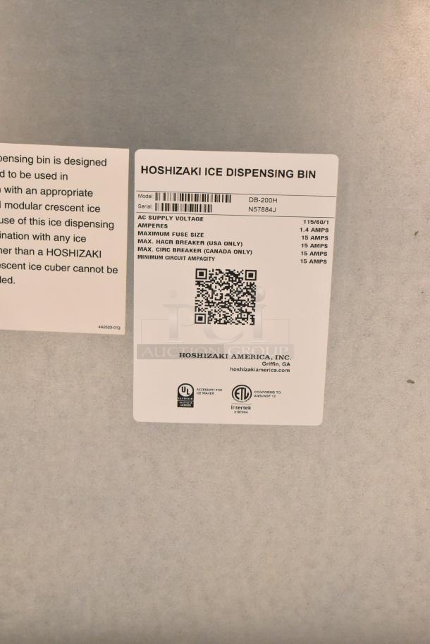 BRAND NEW 2025 Hoshizaki DB-200H Cube Ice Dispenser label showing model, voltage 115V, and certifications.
