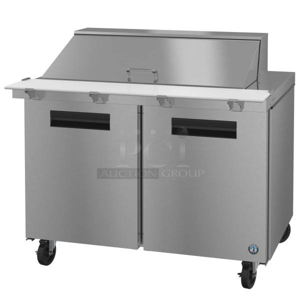 Brand new Hoshizaki SR48B-18M commercial sandwich salad prep table, 115V, 1 phase, stainless steel, on wheels.