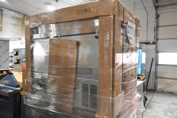 Brand new Hoshizaki SR48B-18M sandwich prep table, wrapped in packaging. Model label visible on side. 115 volts, 1 phase.