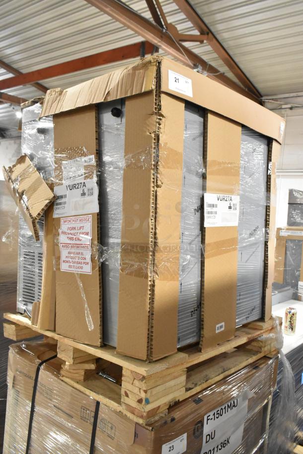 Brand new Hoshizaki VUR27A undercounter cooler on pallet, wrapped in packaging, 115V, 1 phase, model visible with handling notice.
