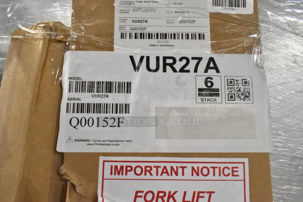 New Hoshizaki VUR27A undercounter cooler packaging. Labels show model, serial number Q00152F, P65 warning.