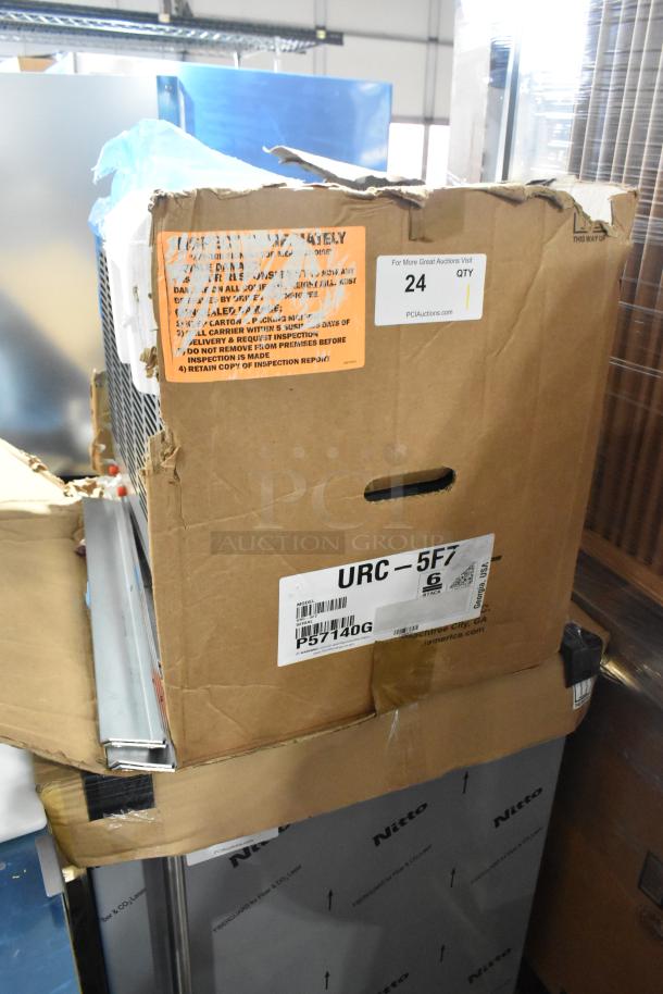 Brand new Hoshizaki URC-5FZ commercial ice machine compressor in damaged box. Model URC-5FZ, 115V, 1 Phase, tags visible.