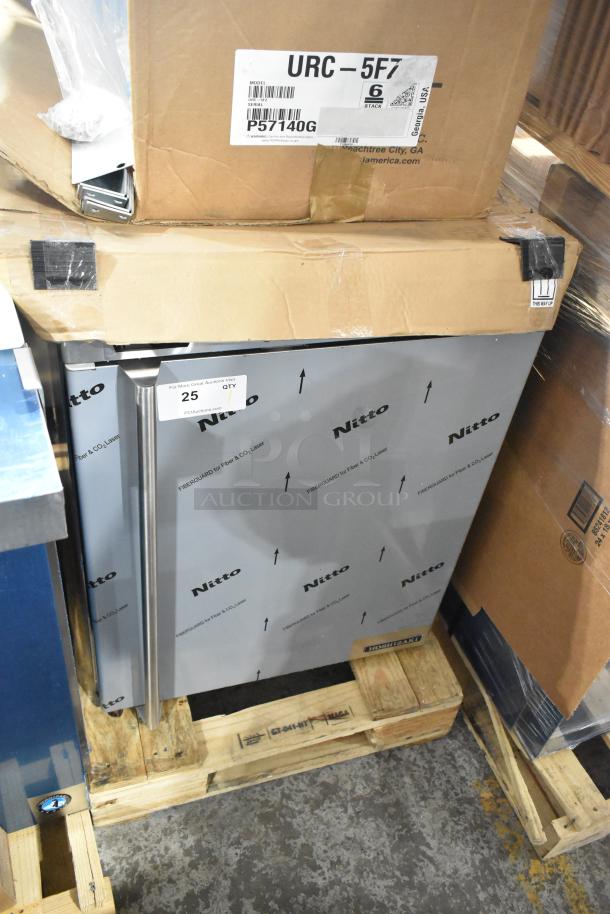 Brand new Hoshizaki HR24C commercial undercounter cooler, 115V, with minor scratches, on a pallet with protective wrapping.