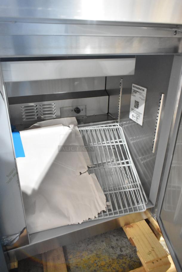 Brand new 2024 Hoshizaki SR48B-18M commercial prep table. Features 115V, 1 Phase. Includes tags with model information.