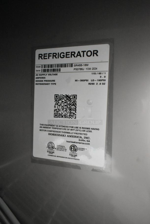 Label on new Hoshizaki SR48B-18M refrigerator. Specs: 115 volts, single phase, model year 2024, R290 refrigerant.
