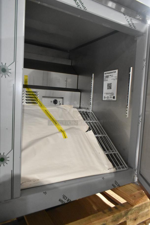 BRAND NEW 2026 Hoshizaki UR48B 2 Door Undercounter Cooler, 115V, 1 Phase. Visible label specifies refrigerator details.