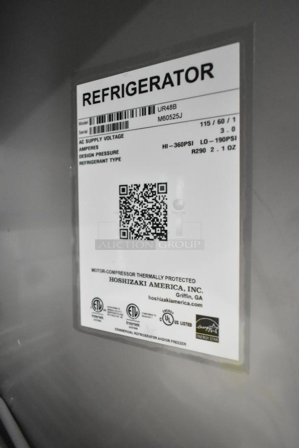 Hoshizaki UR48B 2-door undercounter cooler label showing model, voltage, and refrigerant info; brand new condition.