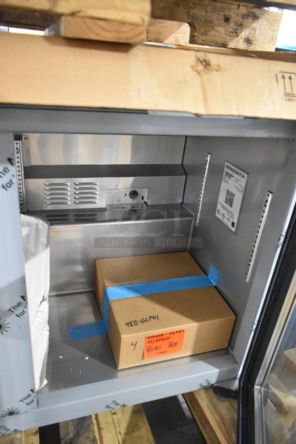 BRAND NEW 2026 Hoshizaki UR48B-GLP01 undercounter cooler, 2-door, commercial use, 115V, 1 phase; interior shows packaging.