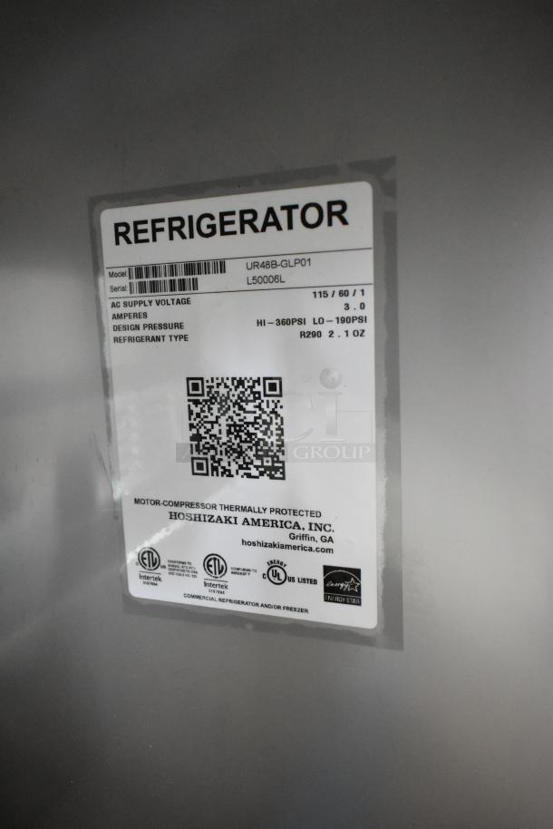 Label on Hoshizaki UR48B-GLP01 undercounter cooler shows model, serial number, voltage, and refrigerant specifications.