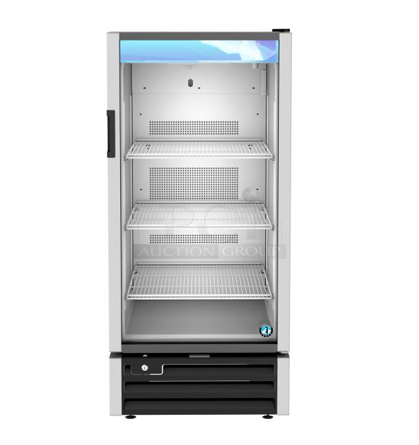 Brand new 2026 Hoshizaki RM-10-HC commercial single door reach-in cooler, 115V, 1 phase, glass door, three shelves.