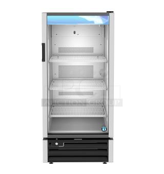 Brand new 2026 Hoshizaki RM-10-HC commercial single door reach-in cooler, 115V, 1 phase, glass door, three shelves.