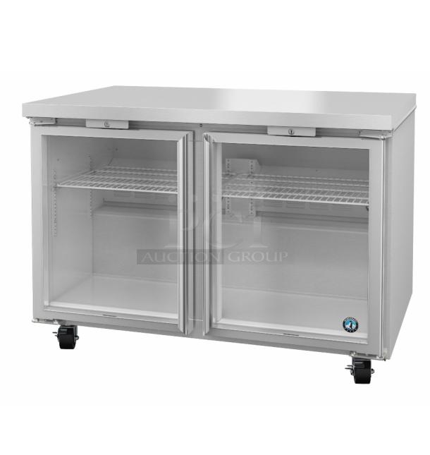 Brand new 2026 Hoshizaki UR48B-GLP01 undercounter cooler, 2 glass doors, 115V, commercial merchandiser, on wheels.