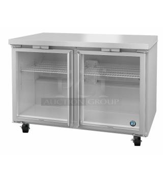 Brand new 2026 Hoshizaki UR48B-GLP01 undercounter cooler, 2 glass doors, 115V, commercial merchandiser, on wheels.