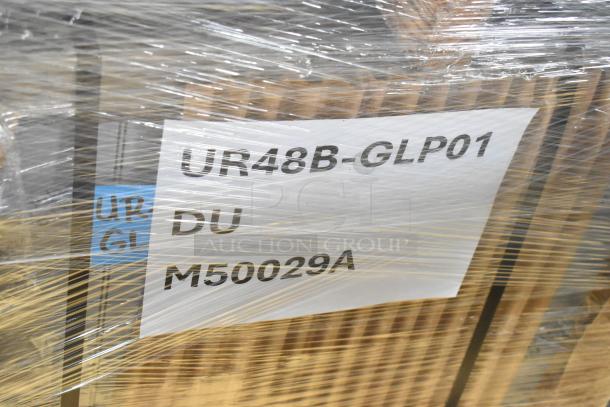 Brand new 2026 Hoshizaki UR48B-GLP01 commercial cooler, 2-door, 115V, 1-phase, wrapped with label showing model number.