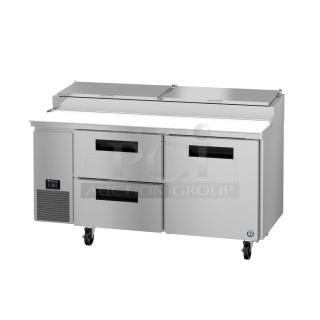 Brand new 2026 Hoshizaki PR67B-D2 Steelheart pizza prep table, stainless steel, 115V, 1 phase, with drawers and wheels.