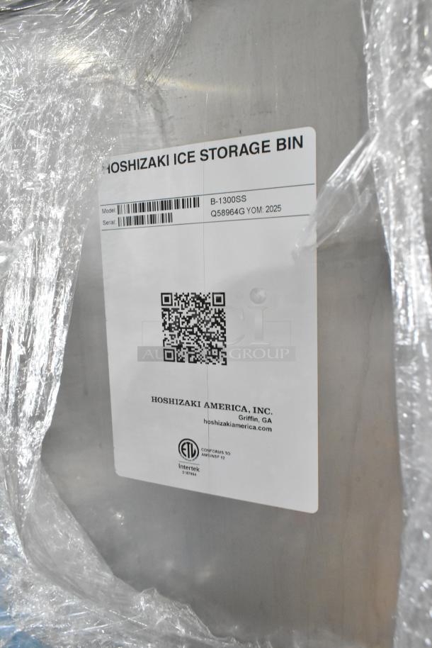 Brand new 2025 Hoshizaki B-1300SS 48" ice bin, 1304 lbs capacity, label showing model and serial information.
