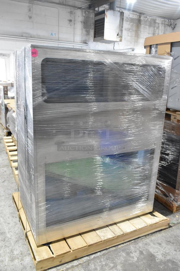 Brand new 2025 Hoshizaki B-1300SS 48" commercial ice bin, wrapped, 1304 lbs capacity, on wooden pallet.